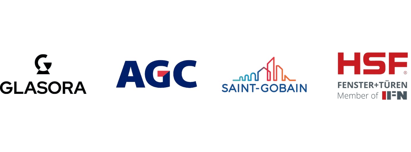 Logá spoločností zapojených do súťaže CHALLENGE YOURSELF 2026 — GLASORA, AGC, Saint-Gobain a HSF